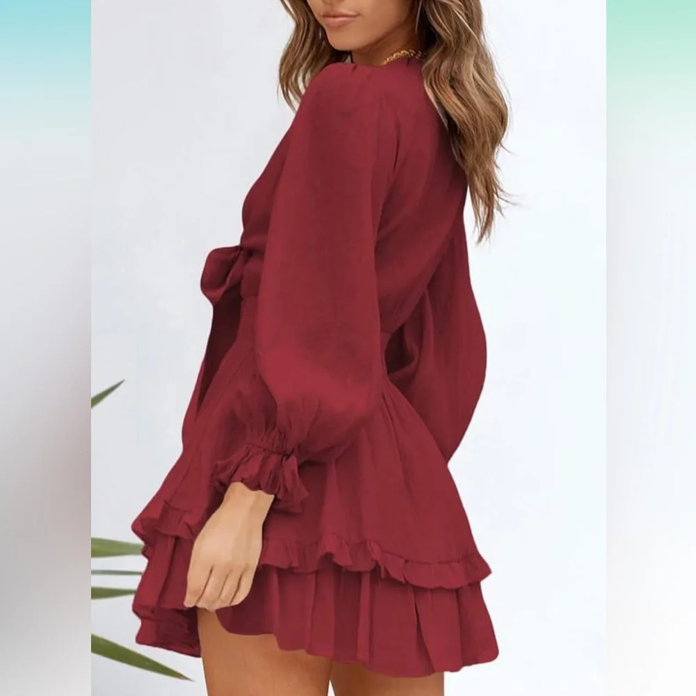 Summer Deep V‎ Neck Knotted Tiered Chiffon Elegant Mini Short Swing Skater Dress